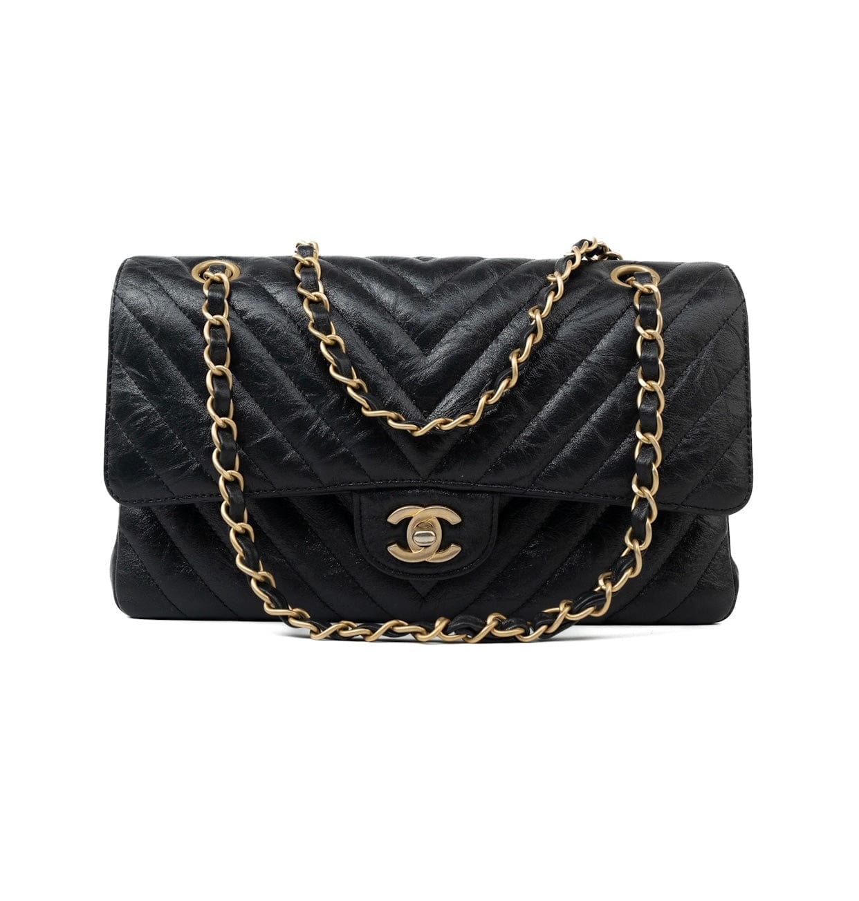 CHANEL Handbag Black 18B Metallic Black Crumpled Calfskin Chevron Classic Flap Medium Aged Gold Hardware - Redeluxe