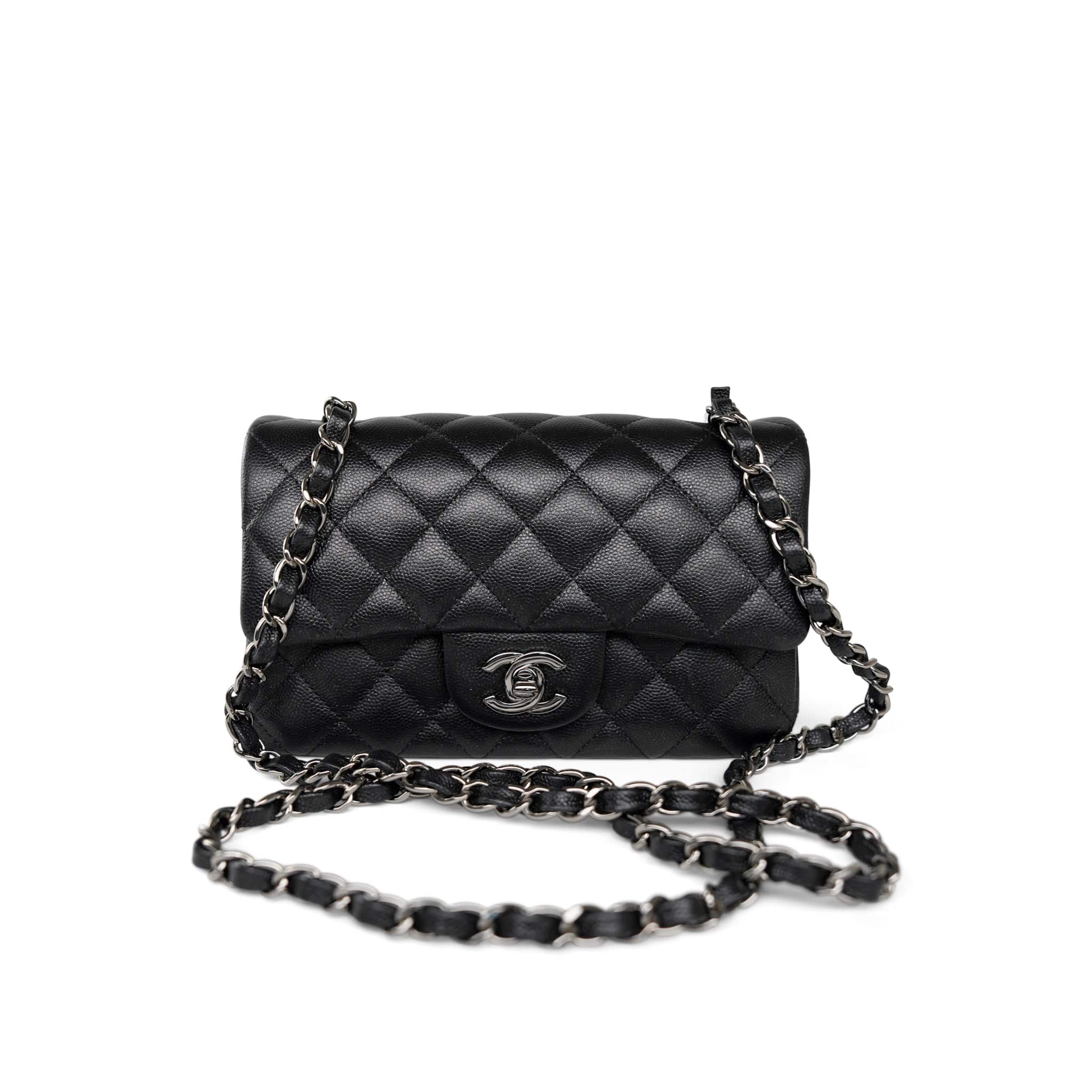 CHANEL Handbag Black 18C Black Glittery Caviar Quilted Mini Rectangular Flap - Redeluxe