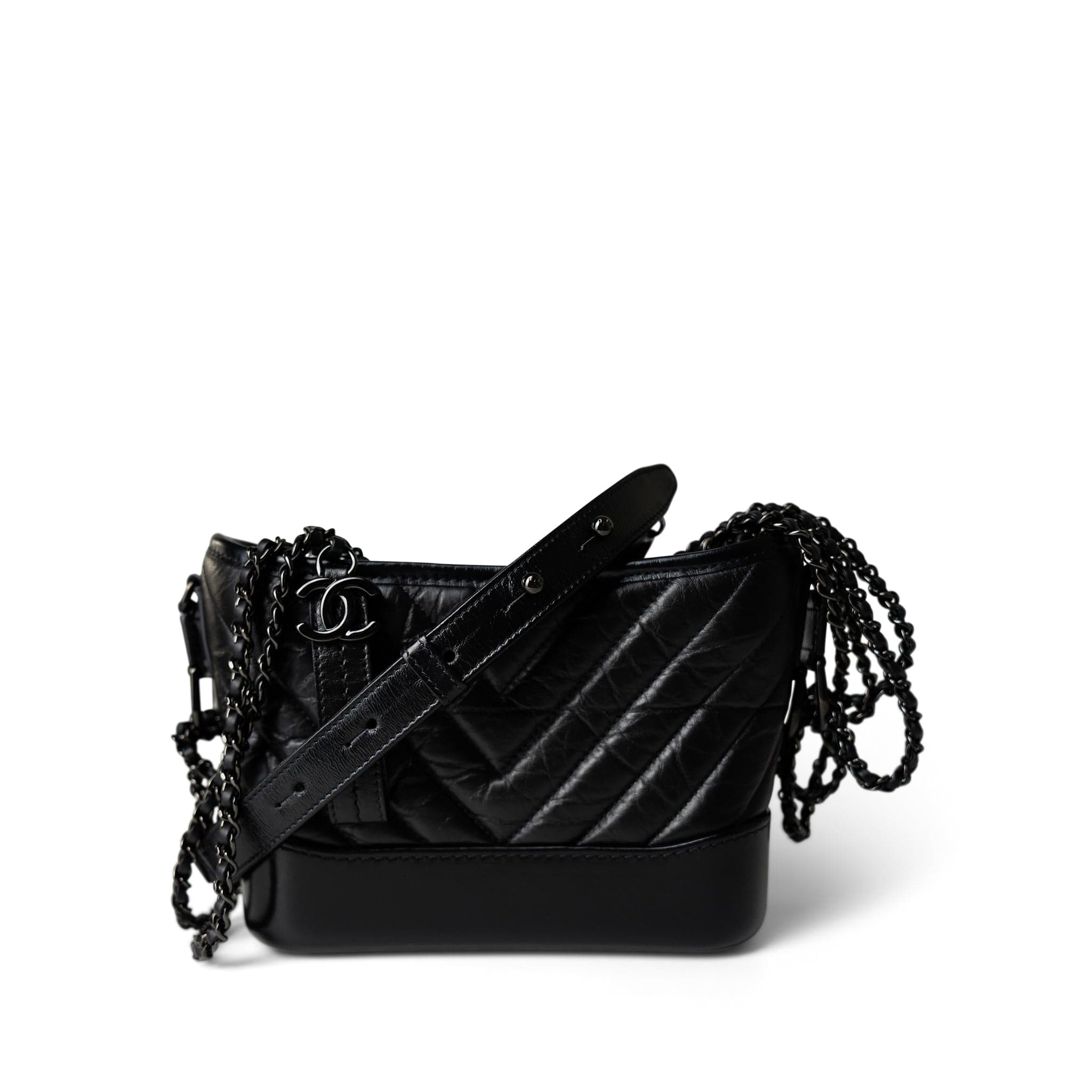 CHANEL Handbag Black 19B So Black Aged Calfskin Chevron Small Hobo Gabrielle Bag - Redeluxe