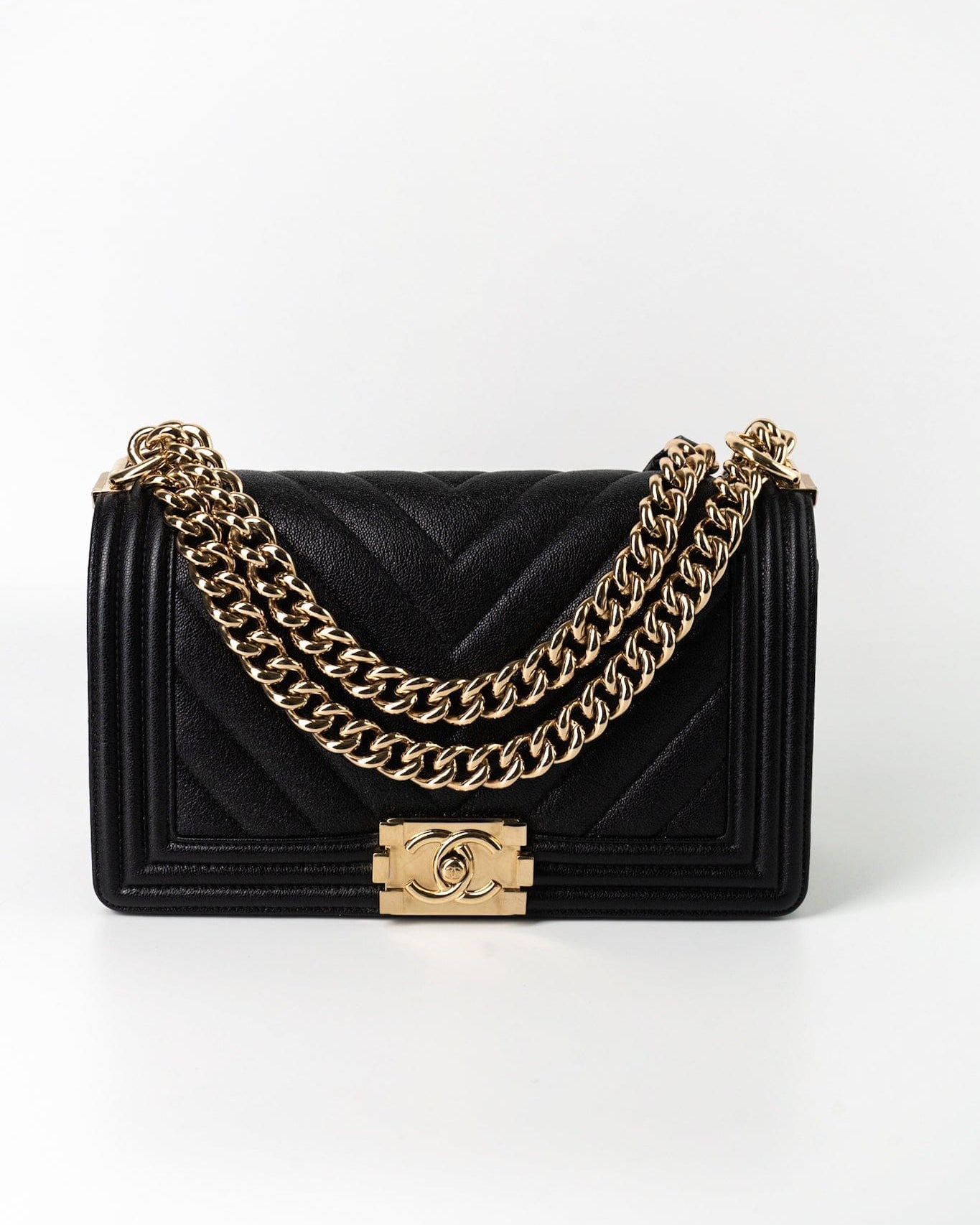 CHANEL Handbag Black 19S Shiny Black Caviar Chevron Boy Bag Medium Champagne Gold Hardware - Redeluxe