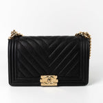 CHANEL Handbag Black 19S Shiny Black Caviar Chevron Boy Bag Medium Champagne Gold Hardware - Redeluxe
