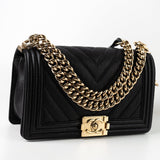CHANEL Handbag Black 19S Shiny Black Caviar Chevron Boy Bag Medium Champagne Gold Hardware - Redeluxe