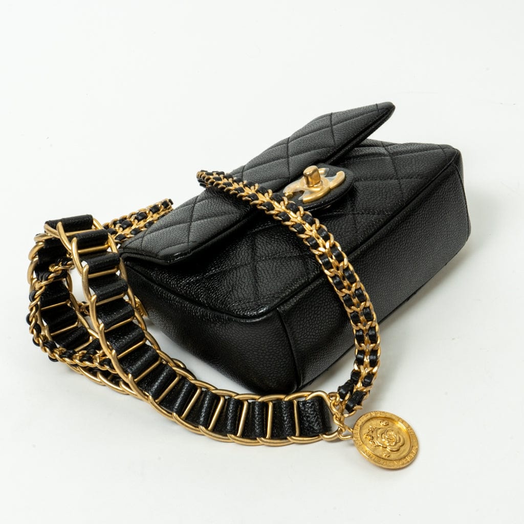 CHANEL Handbag Black 21A Black Caviar Quilted Mini Medallion Single Flap AGHW - Redeluxe