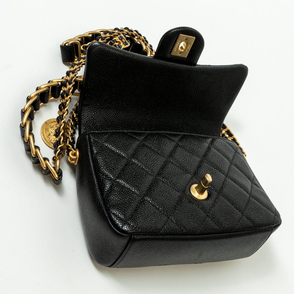 CHANEL Handbag Black 21A Black Caviar Quilted Mini Medallion Single Flap AGHW - Redeluxe