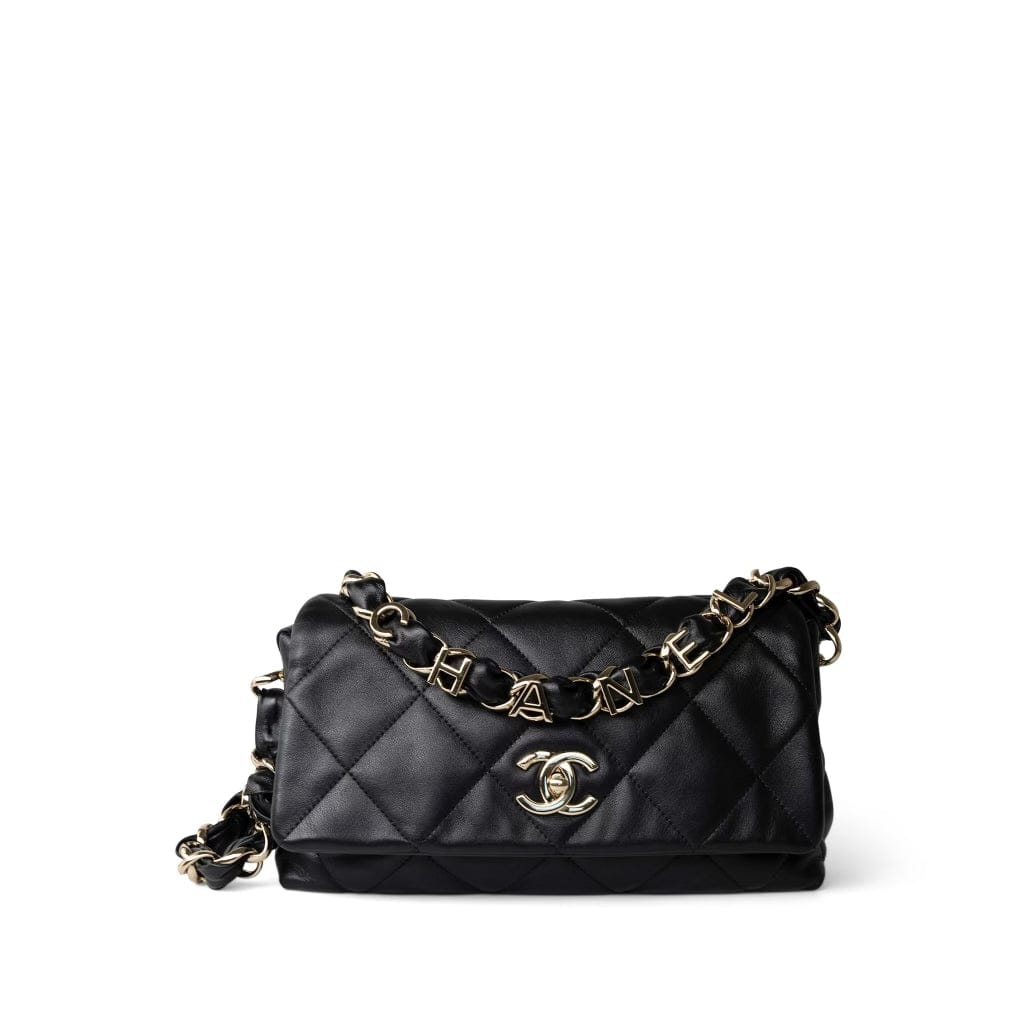CHANEL Handbag Black 21C Black Lambskin Quilted Chanel Chain Single Flap Shoulder Bag Light Gold Hardware - Redeluxe