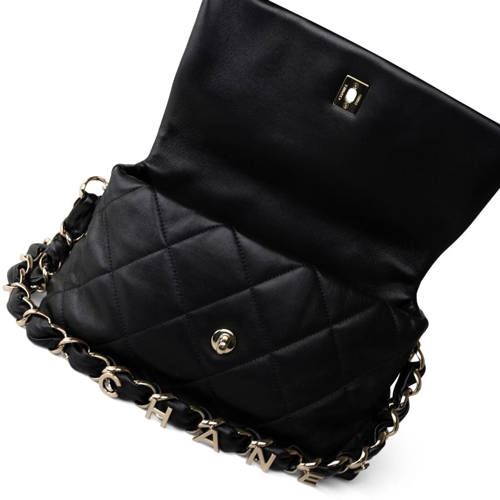 CHANEL Handbag Black 21C Black Lambskin Quilted Chanel Chain Single Flap Shoulder Bag Light Gold Hardware - Redeluxe