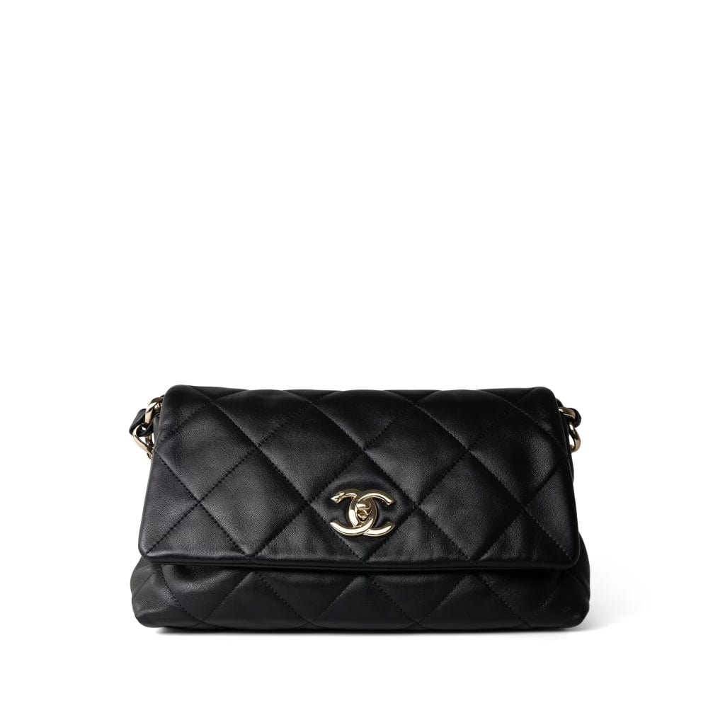 CHANEL Handbag Black 21C Black Lambskin Quilted Chanel Chain Single Flap Shoulder Bag Light Gold Hardware - Redeluxe