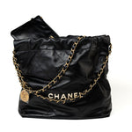 CHANEL Handbag Black 22S Black Calfskin Quilted 22 Drawstring Bag Small Antique Gold Hardware - Redeluxe