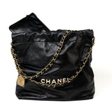 CHANEL Handbag Black 22S Black Calfskin Quilted 22 Drawstring Bag Small Antique Gold Hardware - Redeluxe