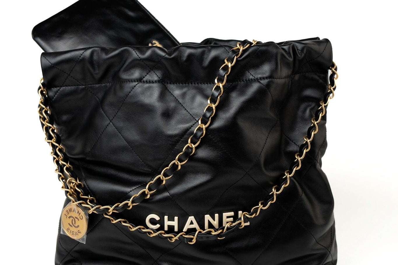 CHANEL Handbag Black 22S Black Calfskin Quilted 22 Drawstring Bag Small Antique Gold Hardware - Redeluxe