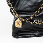 CHANEL Handbag Black 22S Black Calfskin Quilted 22 Drawstring Bag Small Antique Gold Hardware - Redeluxe