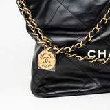 CHANEL Handbag Black 22S Black Calfskin Quilted 22 Drawstring Bag Small Antique Gold Hardware - Redeluxe