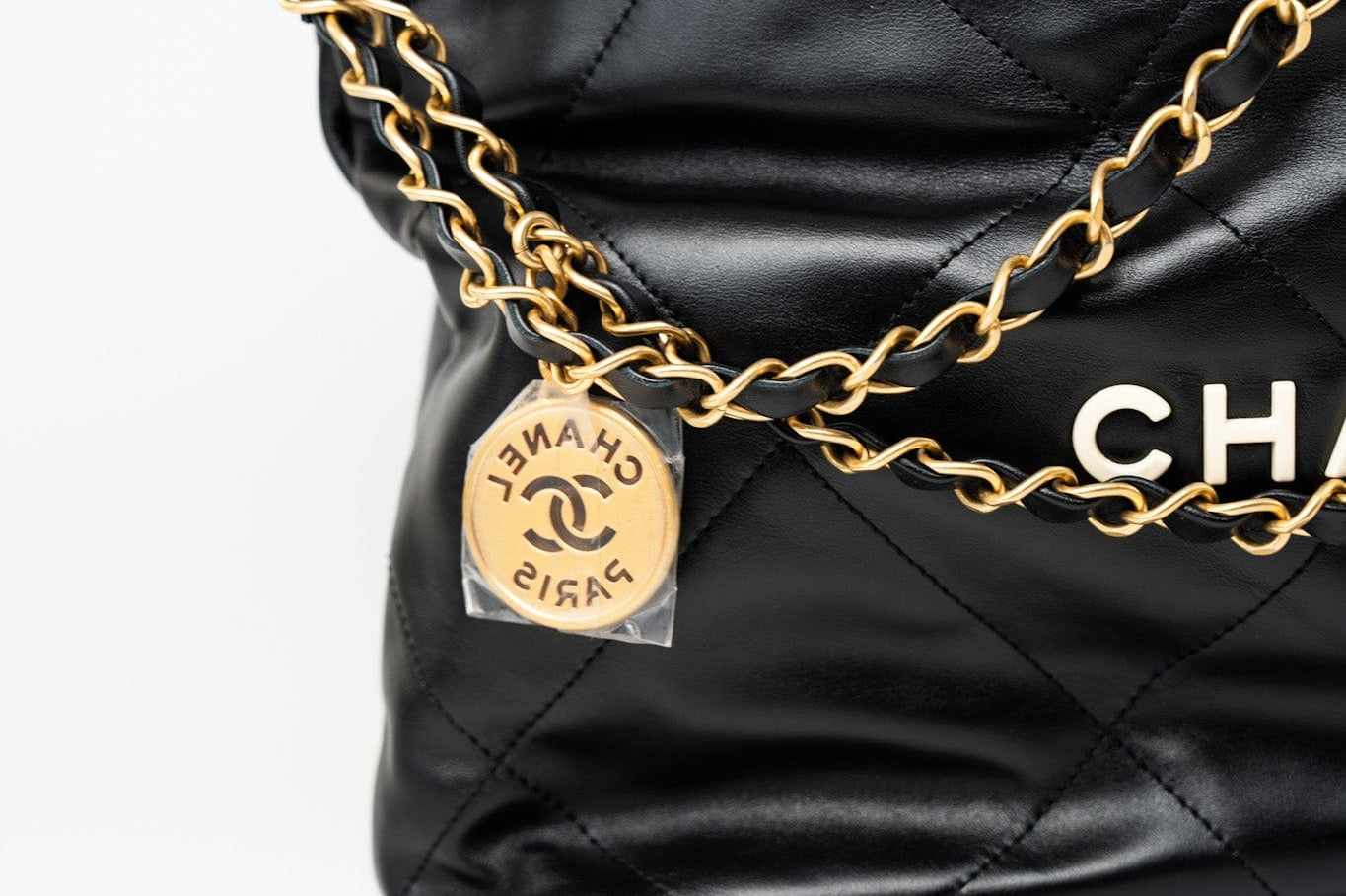 CHANEL Handbag Black 22S Black Calfskin Quilted 22 Drawstring Bag Small Antique Gold Hardware - Redeluxe