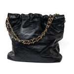 CHANEL Handbag Black 22S Black Calfskin Quilted 22 Drawstring Bag Small Antique Gold Hardware - Redeluxe