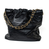 CHANEL Handbag Black 22S Black Calfskin Quilted 22 Drawstring Bag Small Antique Gold Hardware - Redeluxe