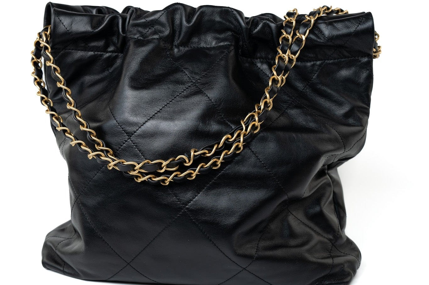 CHANEL Handbag Black 22S Black Calfskin Quilted 22 Drawstring Bag Small Antique Gold Hardware - Redeluxe