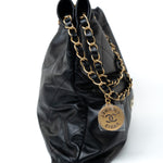 CHANEL Handbag Black 22S Black Calfskin Quilted 22 Drawstring Bag Small Antique Gold Hardware - Redeluxe