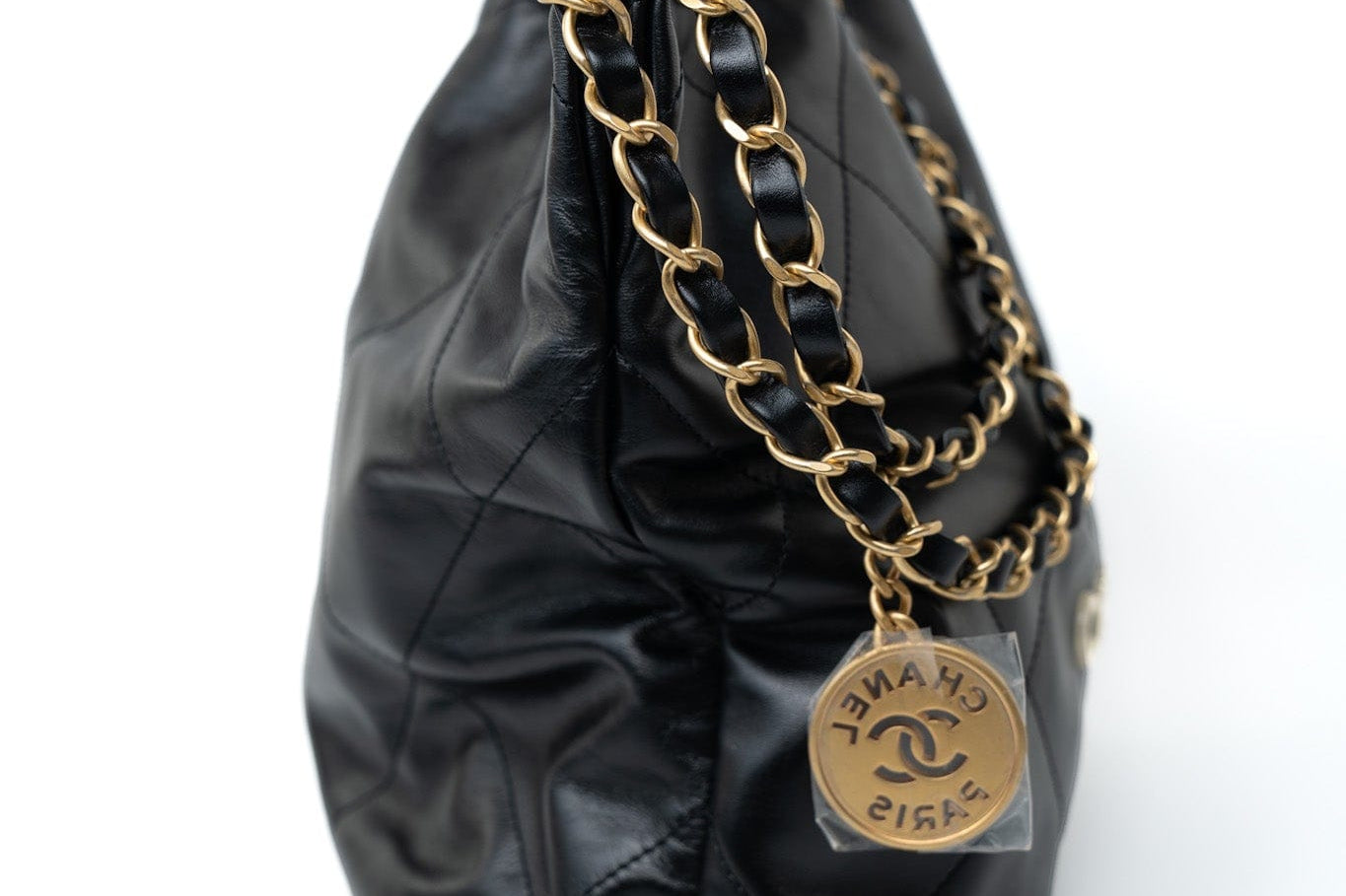 CHANEL Handbag Black 22S Black Calfskin Quilted 22 Drawstring Bag Small Antique Gold Hardware - Redeluxe