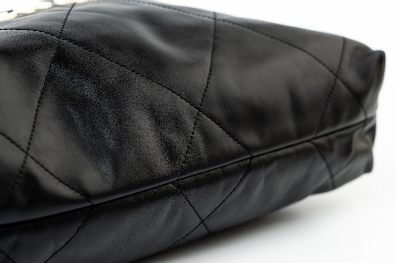 CHANEL Handbag Black 22S Black Calfskin Quilted 22 Drawstring Bag Small Antique Gold Hardware - Redeluxe