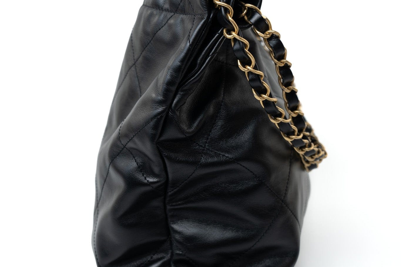 CHANEL Handbag Black 22S Black Calfskin Quilted 22 Drawstring Bag Small Antique Gold Hardware - Redeluxe