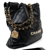 CHANEL Handbag Black 22S Black Calfskin Quilted 22 Drawstring Bag Small Antique Gold Hardware - Redeluxe