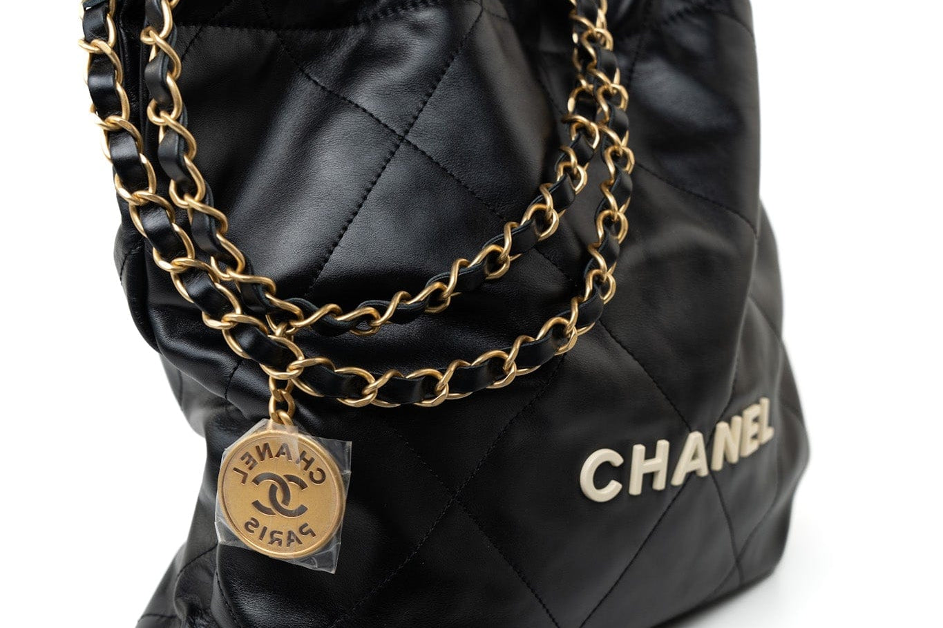CHANEL Handbag Black 22S Black Calfskin Quilted 22 Drawstring Bag Small Antique Gold Hardware - Redeluxe