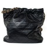 CHANEL Handbag Black 22S Black Calfskin Quilted 22 Drawstring Bag Small Antique Gold Hardware - Redeluxe