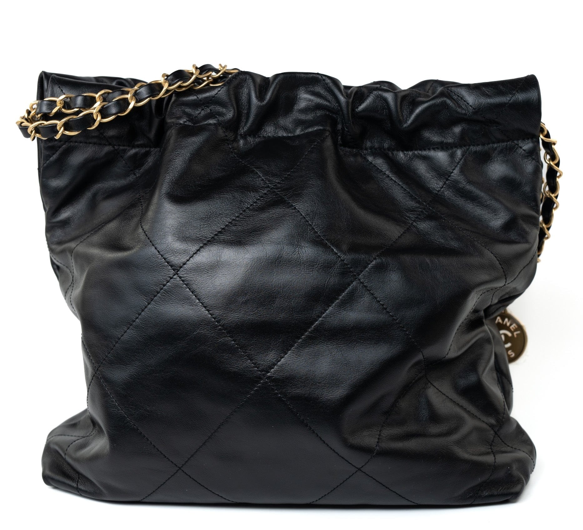 CHANEL Handbag Black 22S Black Calfskin Quilted 22 Drawstring Bag Small Antique Gold Hardware - Redeluxe