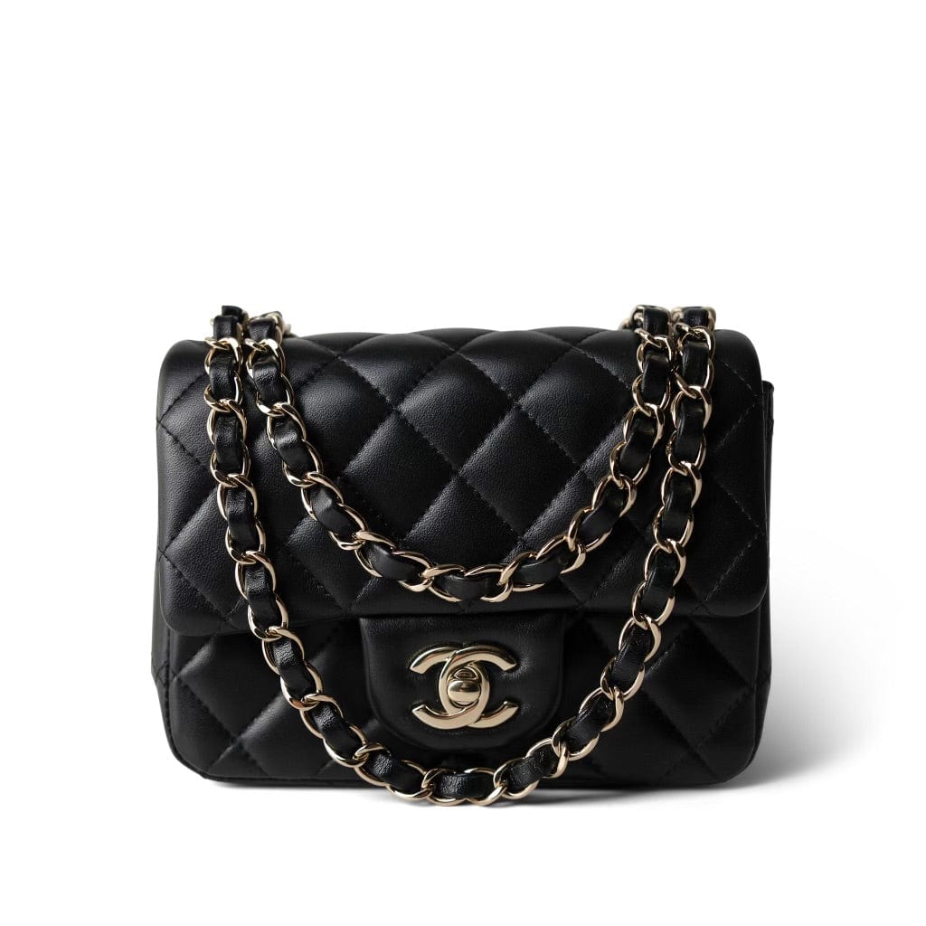 CHANEL Handbag Black 22S Black Lambskin Quilted Mini Square Flap Light Gold Hardware - Redeluxe