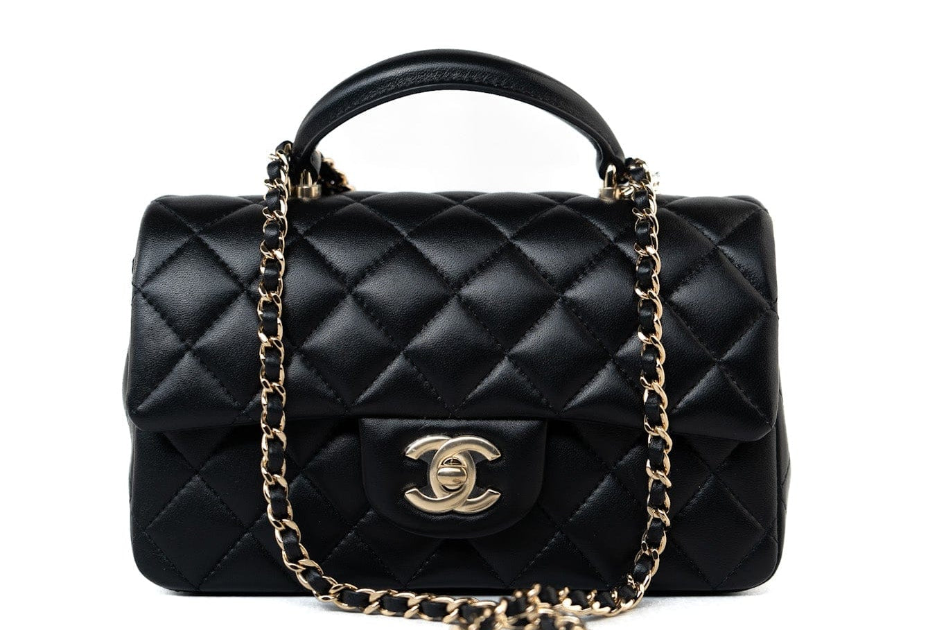 CHANEL Handbag Black 23A Black Lambskin Mini Top Handle Light Gold Hardware - Redeluxe