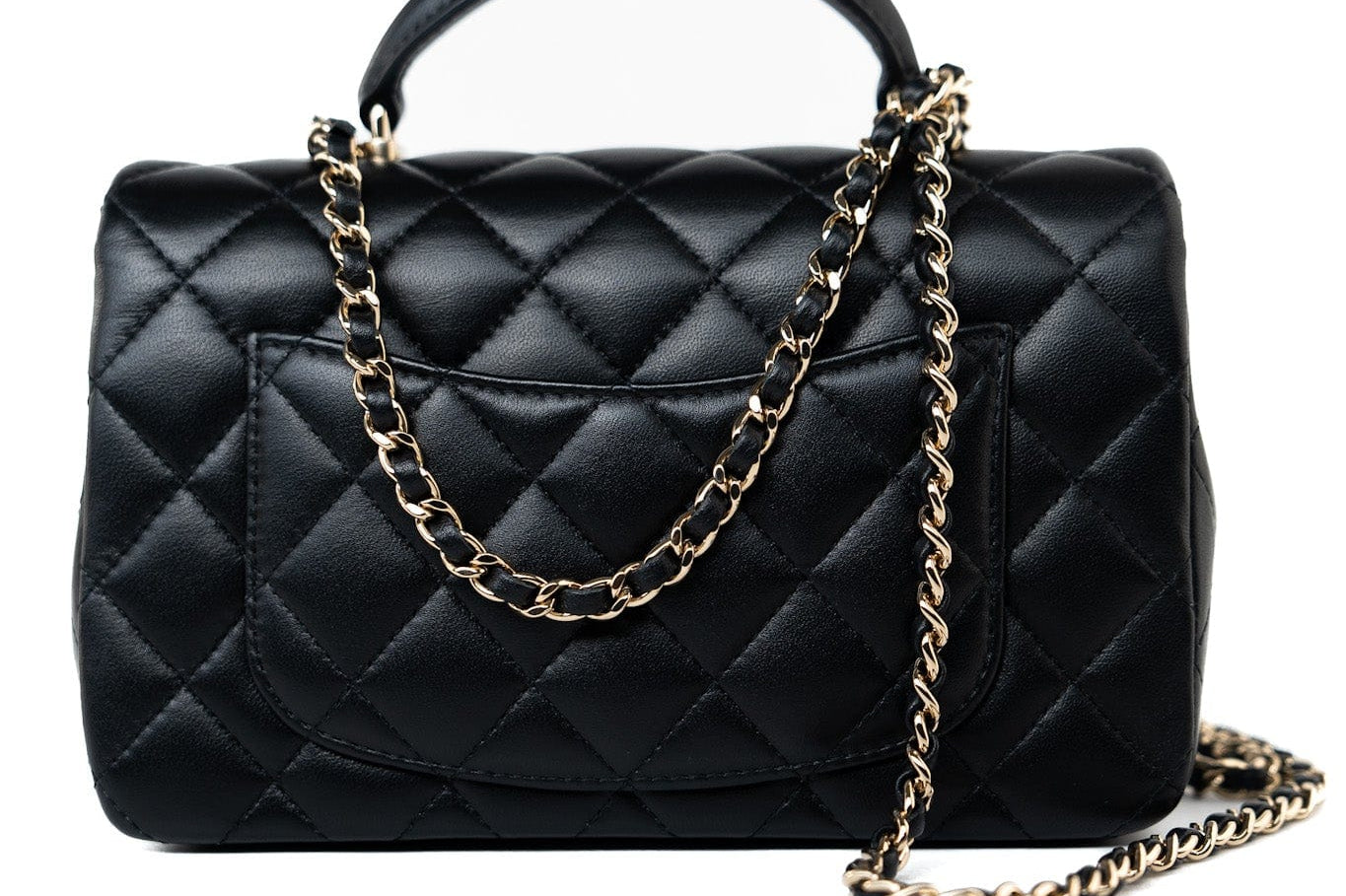 CHANEL Handbag Black 23A Black Lambskin Mini Top Handle Light Gold Hardware - Redeluxe