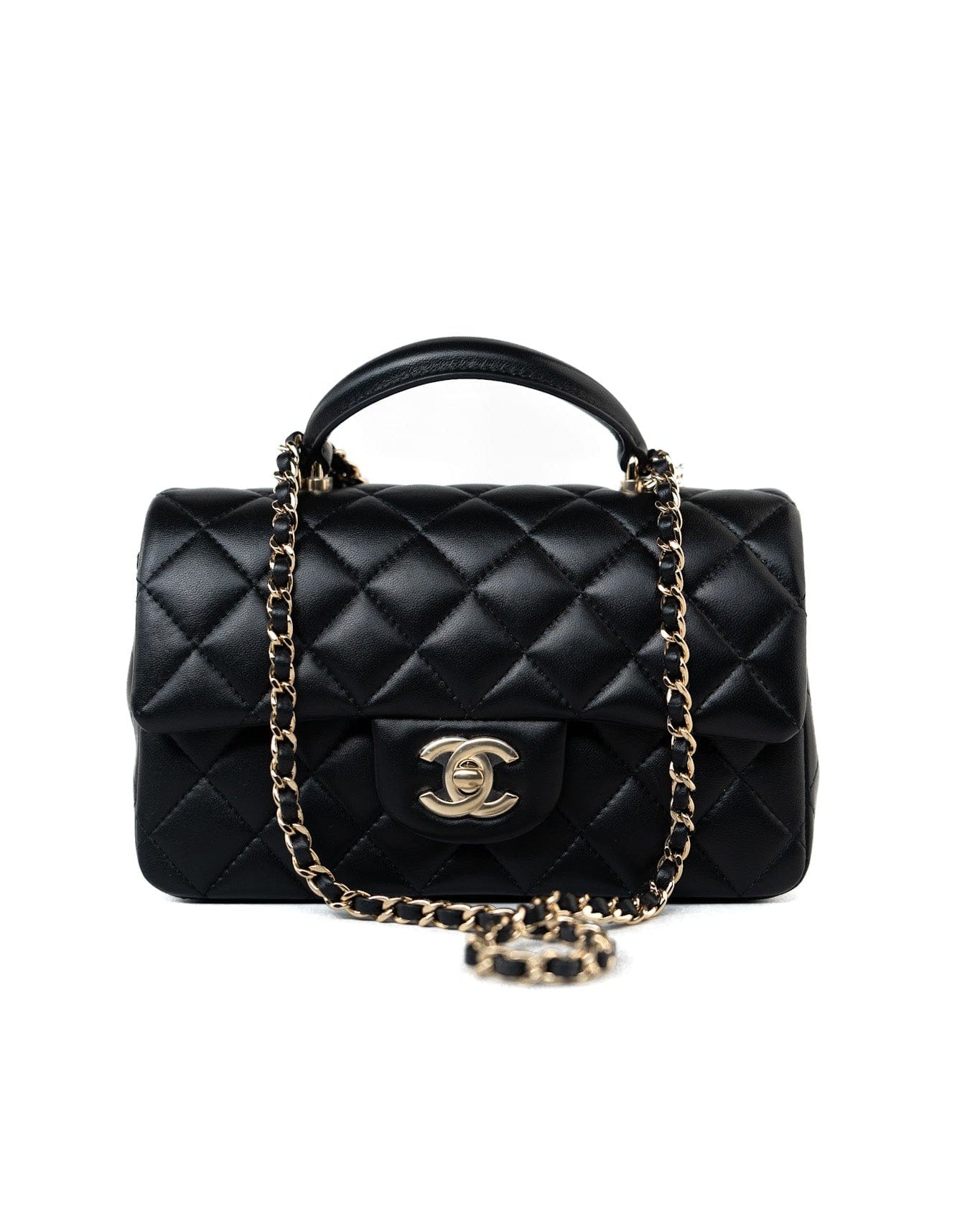 CHANEL Handbag Black 23A Black Lambskin Mini Top Handle Light Gold Hardware - Redeluxe