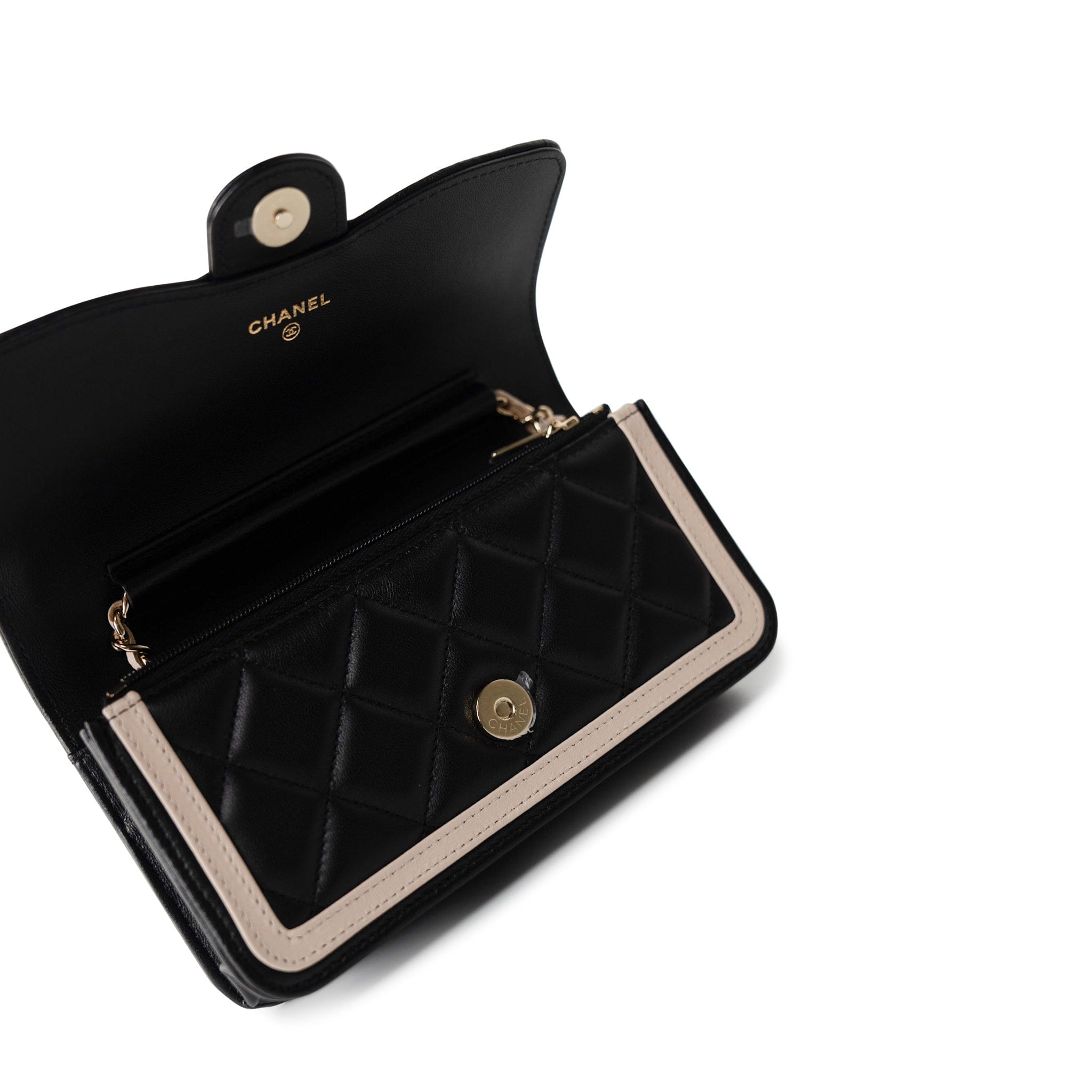 CHANEL Handbag Black 23B Black / Beige O Phone Holder w/ Chain Flap Light Gold Hardware - Redeluxe