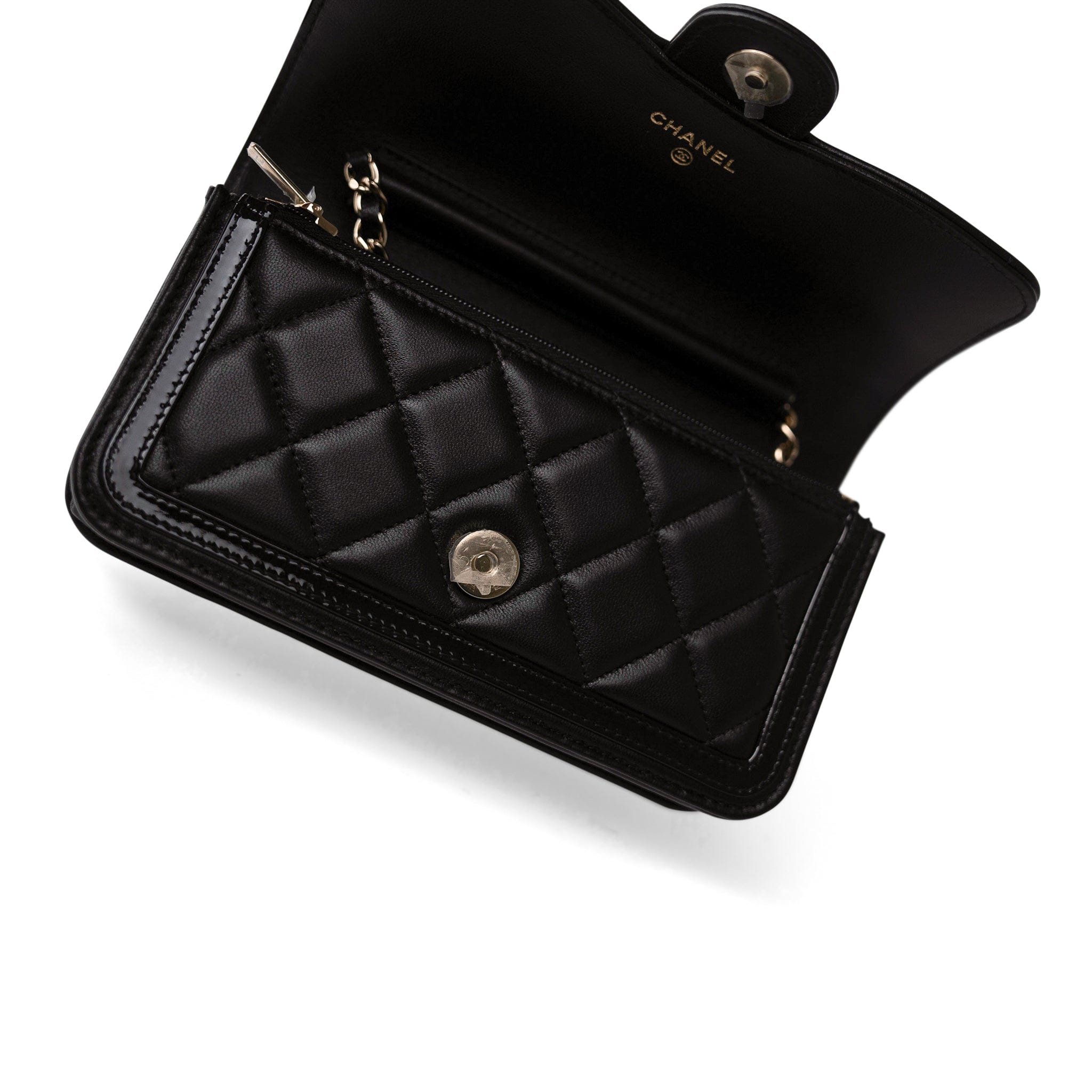 CHANEL Handbag Black 23B Black Lambskin Quilted O Phone Holder With Chain - Redeluxe