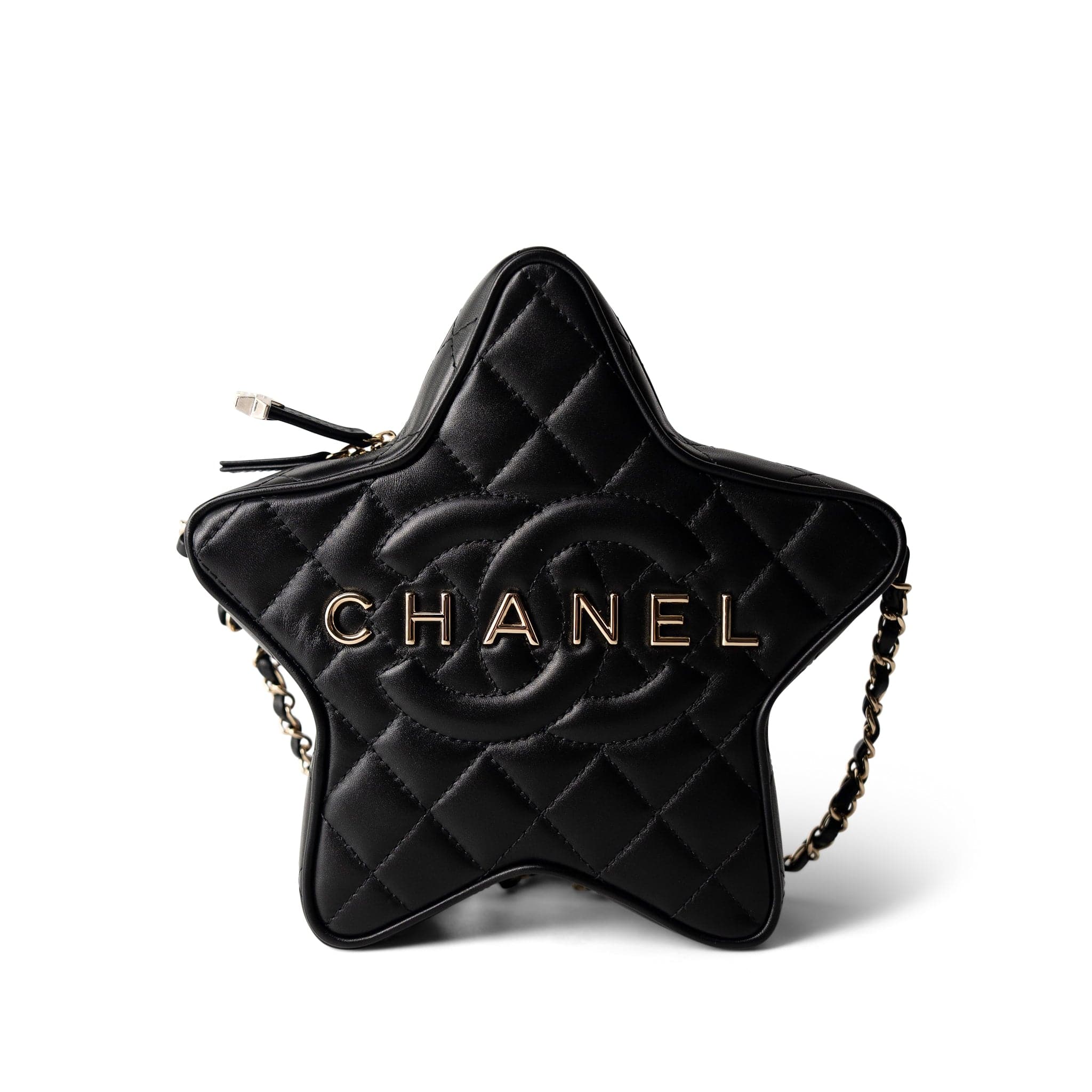 CHANEL Handbag Black 24C Black Lambskin Quilted Star Bag Light Gold Hardware - Redeluxe