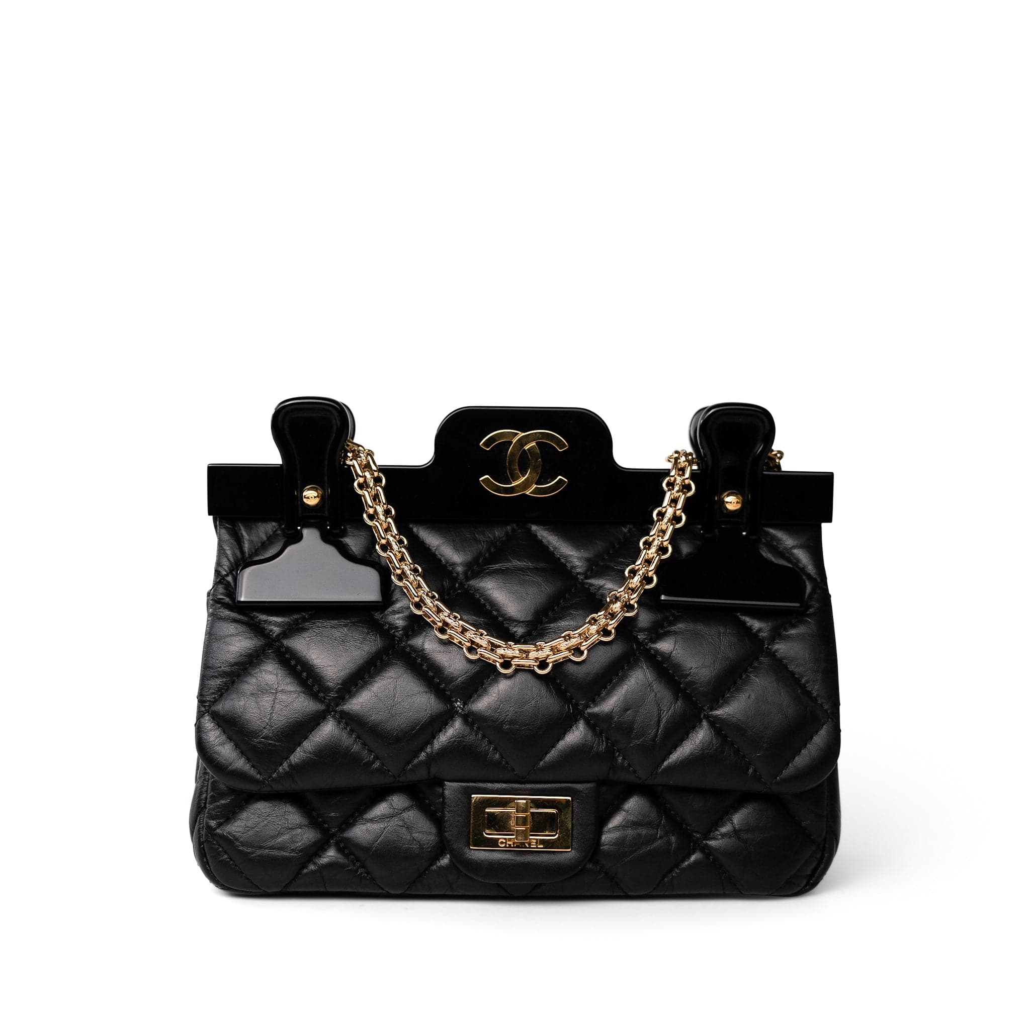 CHANEL Handbag Black Black Aged Calfskin Quilted 2.55 Mini Reissue Hanger Flap Bag - Redeluxe