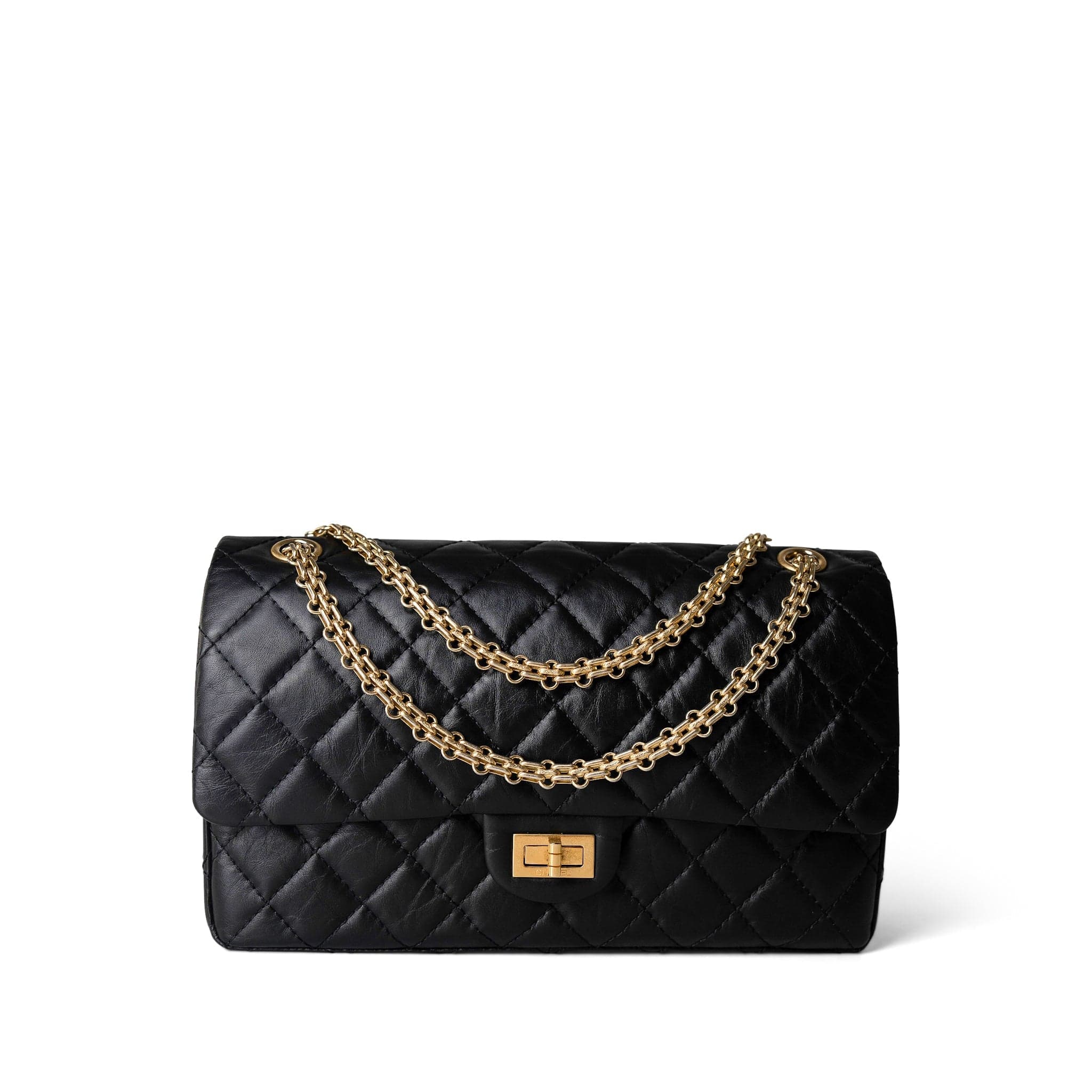 CHANEL Handbag Black Black Aged Calfskin Quilted 2.55 Reissue 226 Medium Antique Gold Hardware - Redeluxe