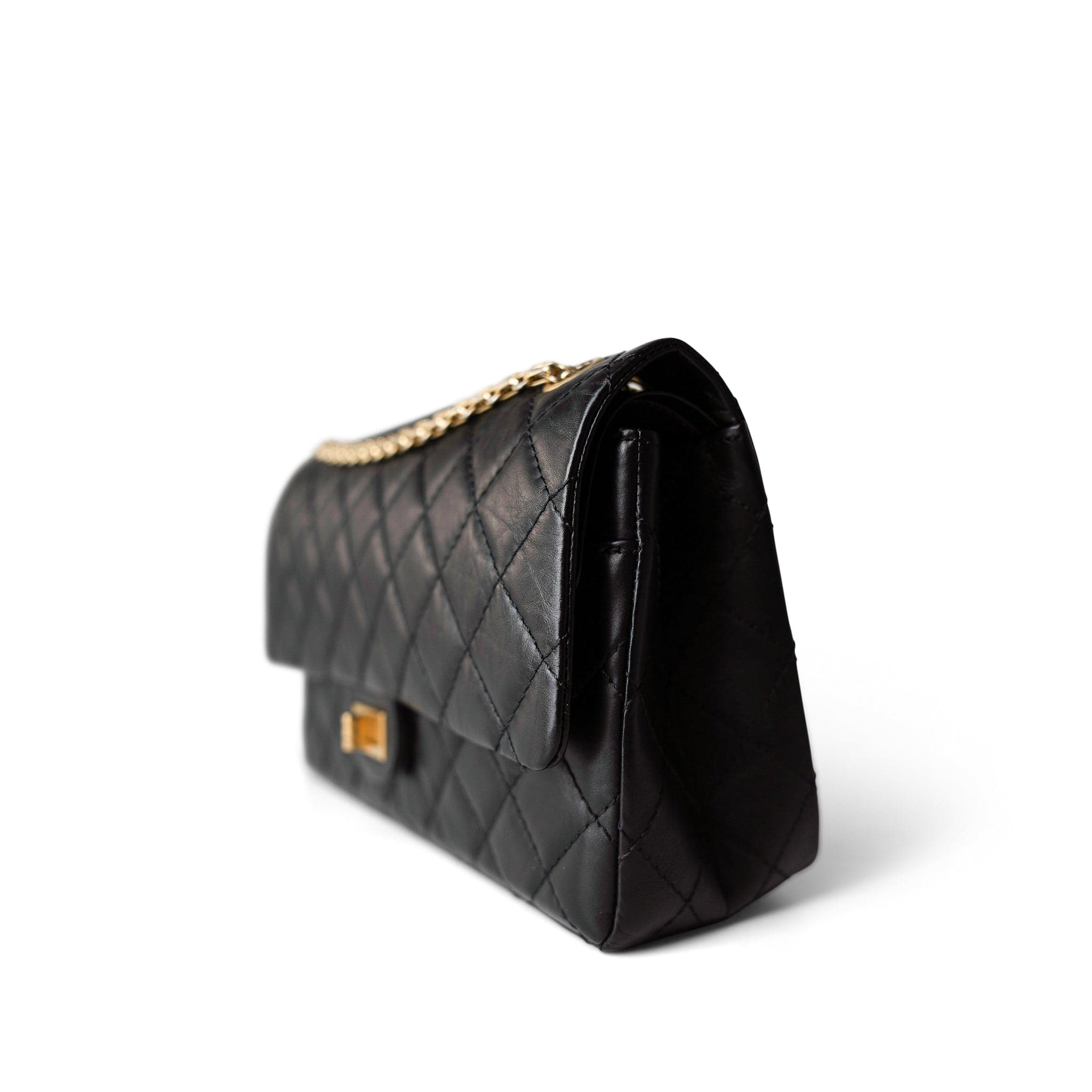 CHANEL Handbag Black Black Aged Calfskin Quilted 2.55 Reissue 226 Medium Antique Gold Hardware - Redeluxe