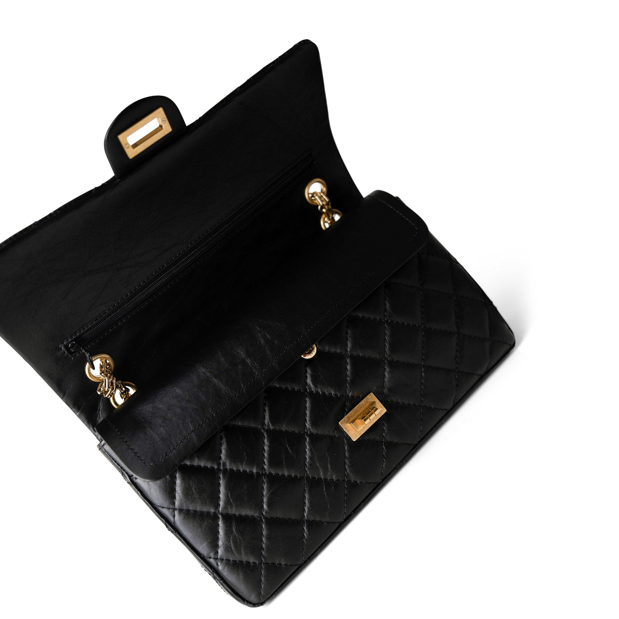 CHANEL Handbag Black Black Aged Calfskin Quilted 2.55 Reissue 226 Medium Antique Gold Hardware - Redeluxe