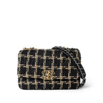 CHANEL Handbag Black Black Beige Tweed Quilted 19 Flap Small Aged Gold Hardware - Redeluxe