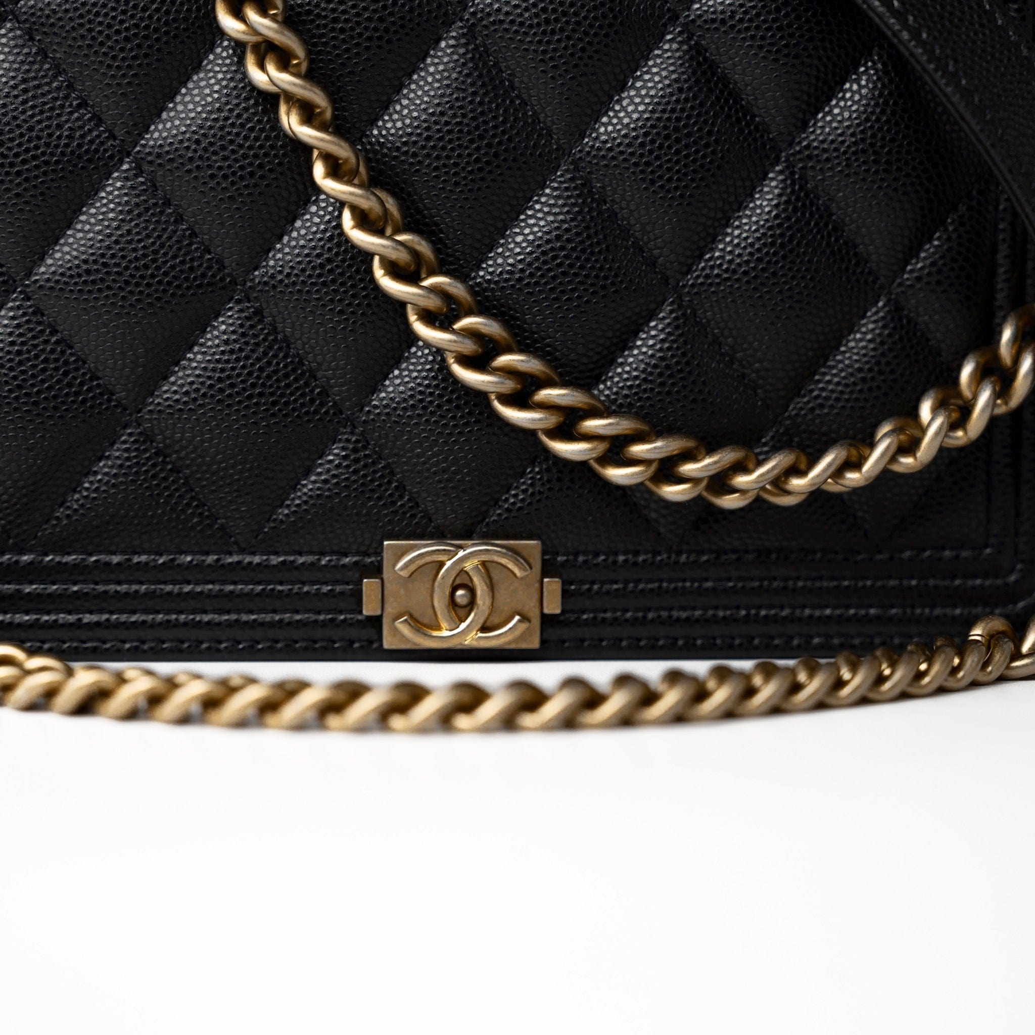 CHANEL Handbag Black Black Caviar Quilted Boy Wallet on Chain (WOC) Antique Gold Hardware - Redeluxe
