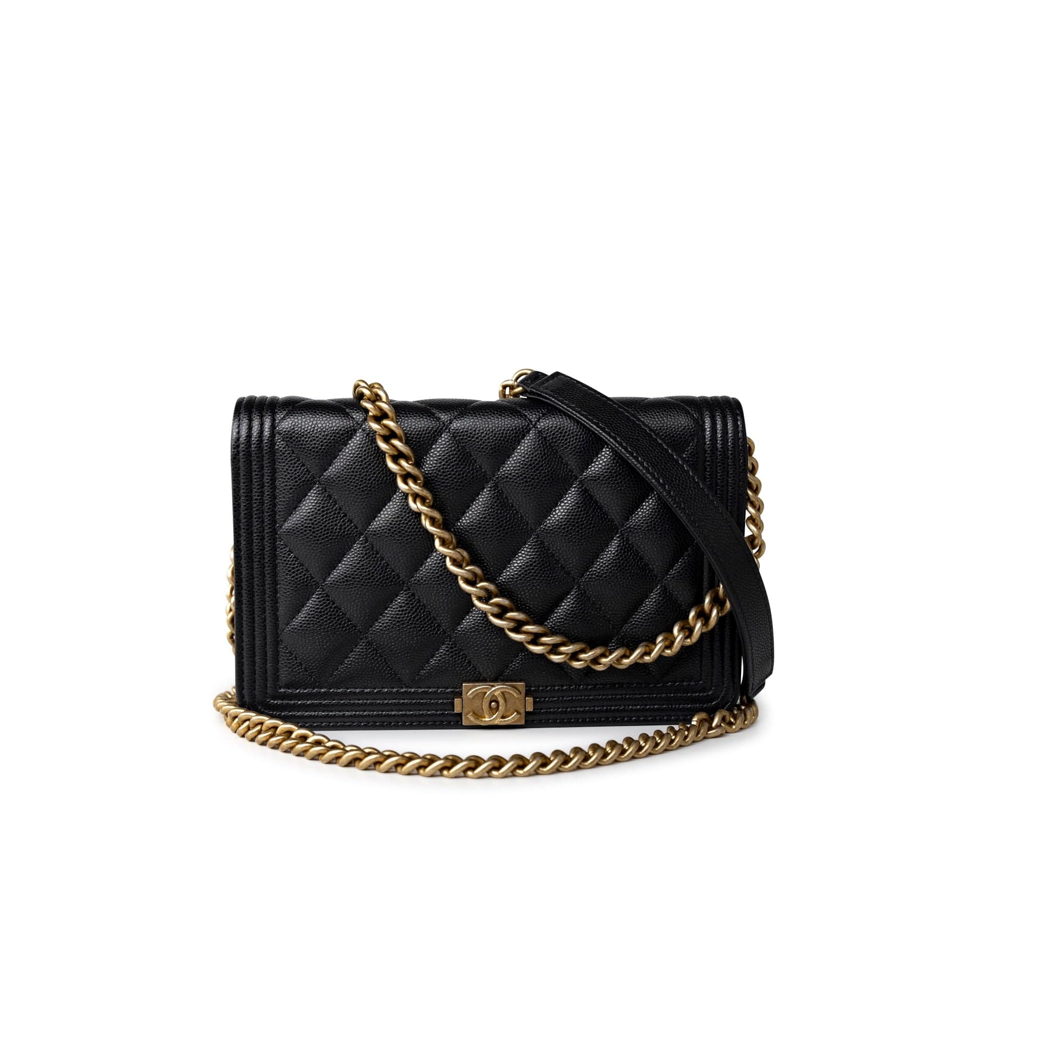 CHANEL Handbag Black Black Caviar Quilted Boy Wallet on Chain (WOC) Antique Gold Hardware - Redeluxe