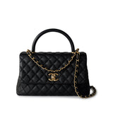 CHANEL Handbag Black Black Caviar Quilted Coco Handle Medium Antique Gold Hardware - Redeluxe