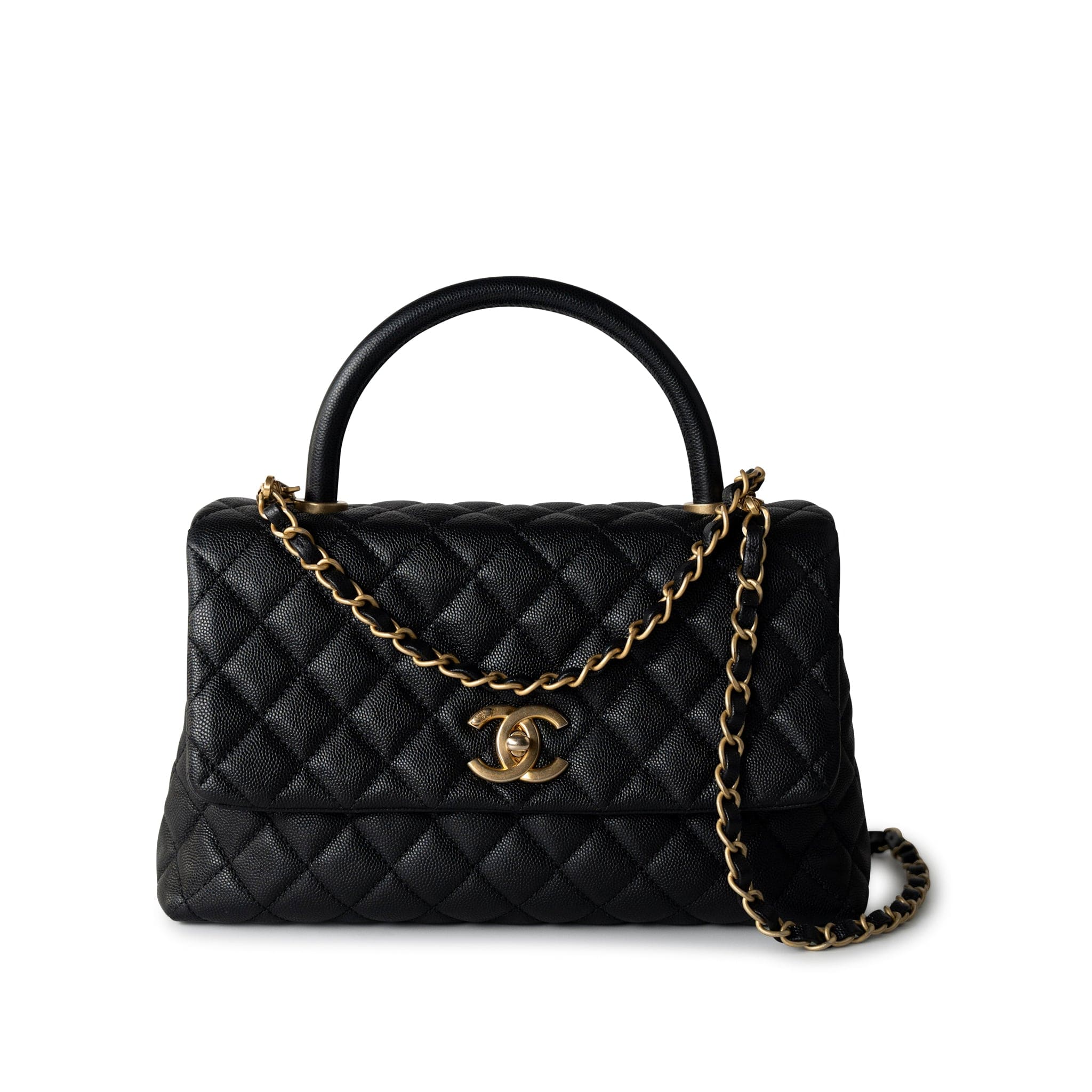 CHANEL Handbag Black Black Caviar Quilted Coco Handle Medium Antique Gold Hardware - Redeluxe