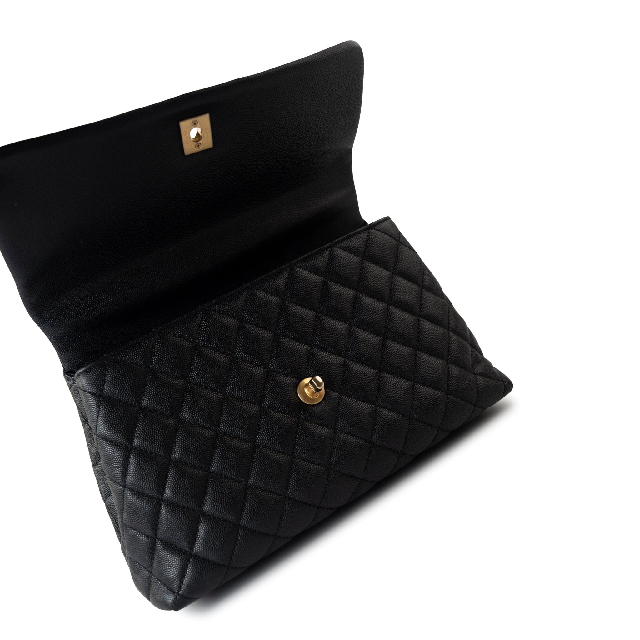 CHANEL Handbag Black Black Caviar Quilted Coco Handle Medium Antique Gold Hardware - Redeluxe