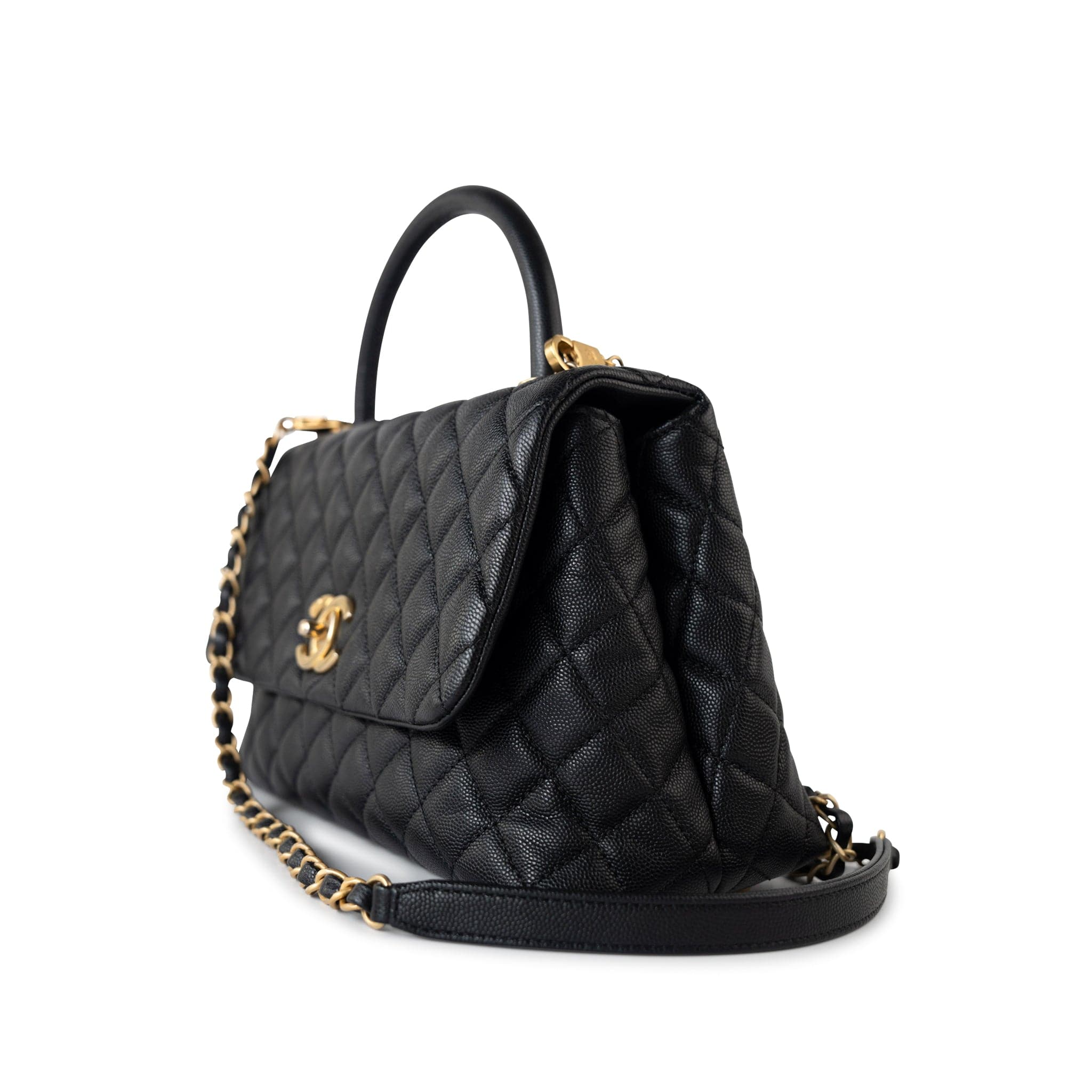 CHANEL Handbag Black Black Caviar Quilted Coco Handle Medium Antique Gold Hardware - Redeluxe