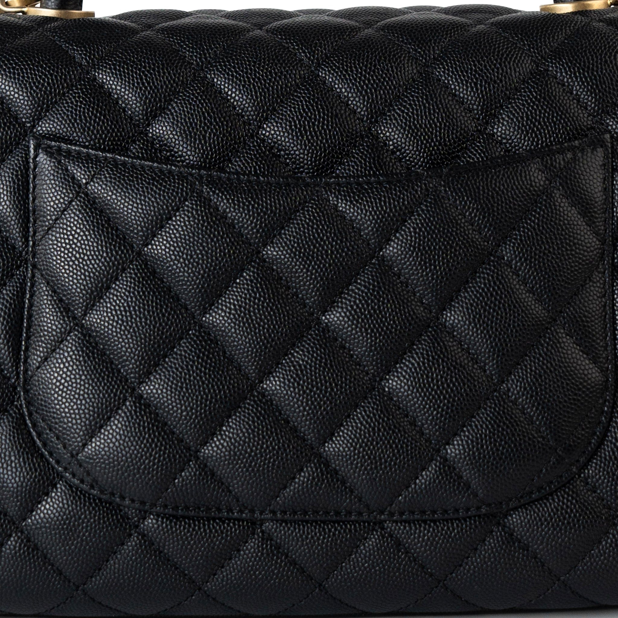 CHANEL Handbag Black Black Caviar Quilted Coco Handle Medium Antique Gold Hardware - Redeluxe