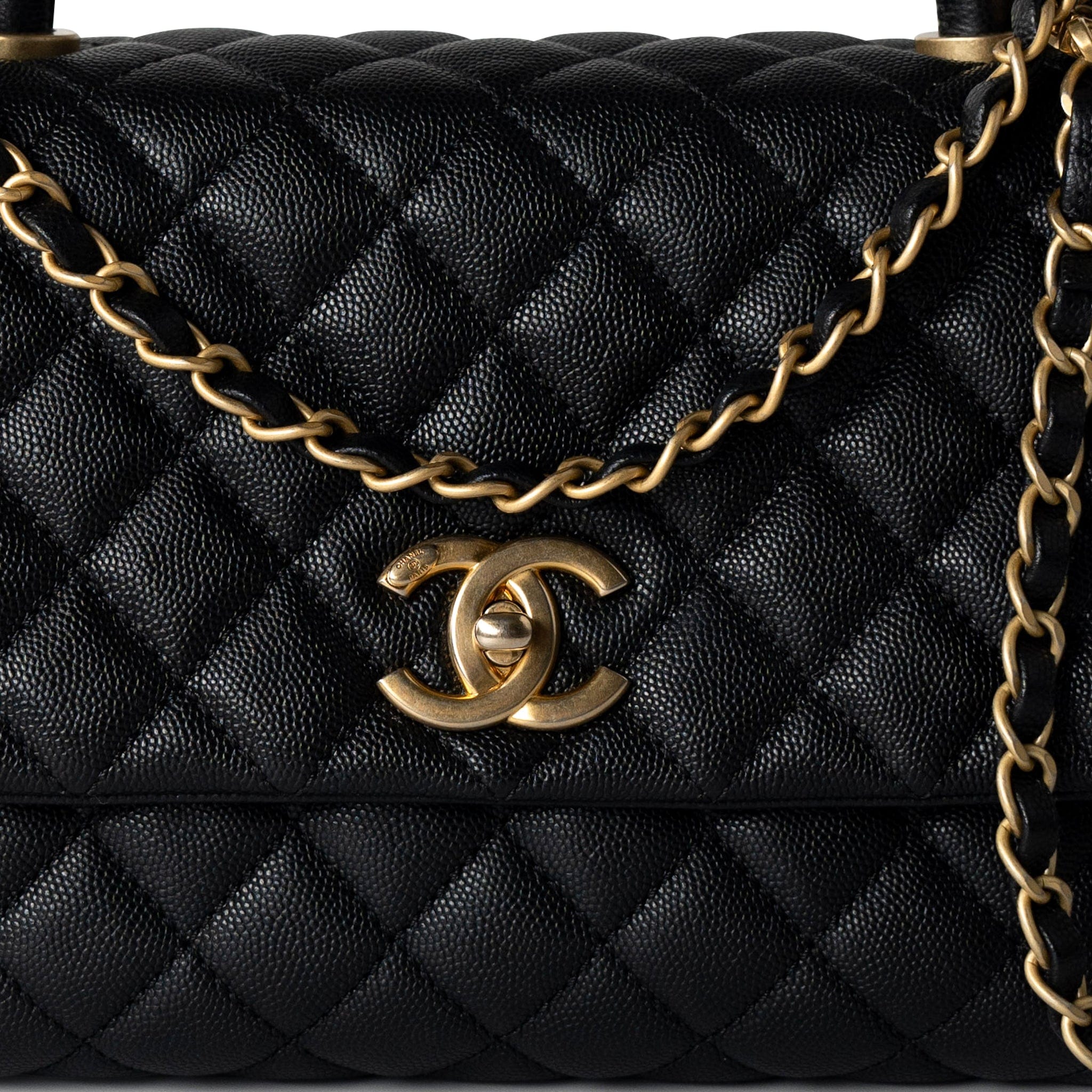 CHANEL Handbag Black Black Caviar Quilted Coco Handle Medium Antique Gold Hardware - Redeluxe