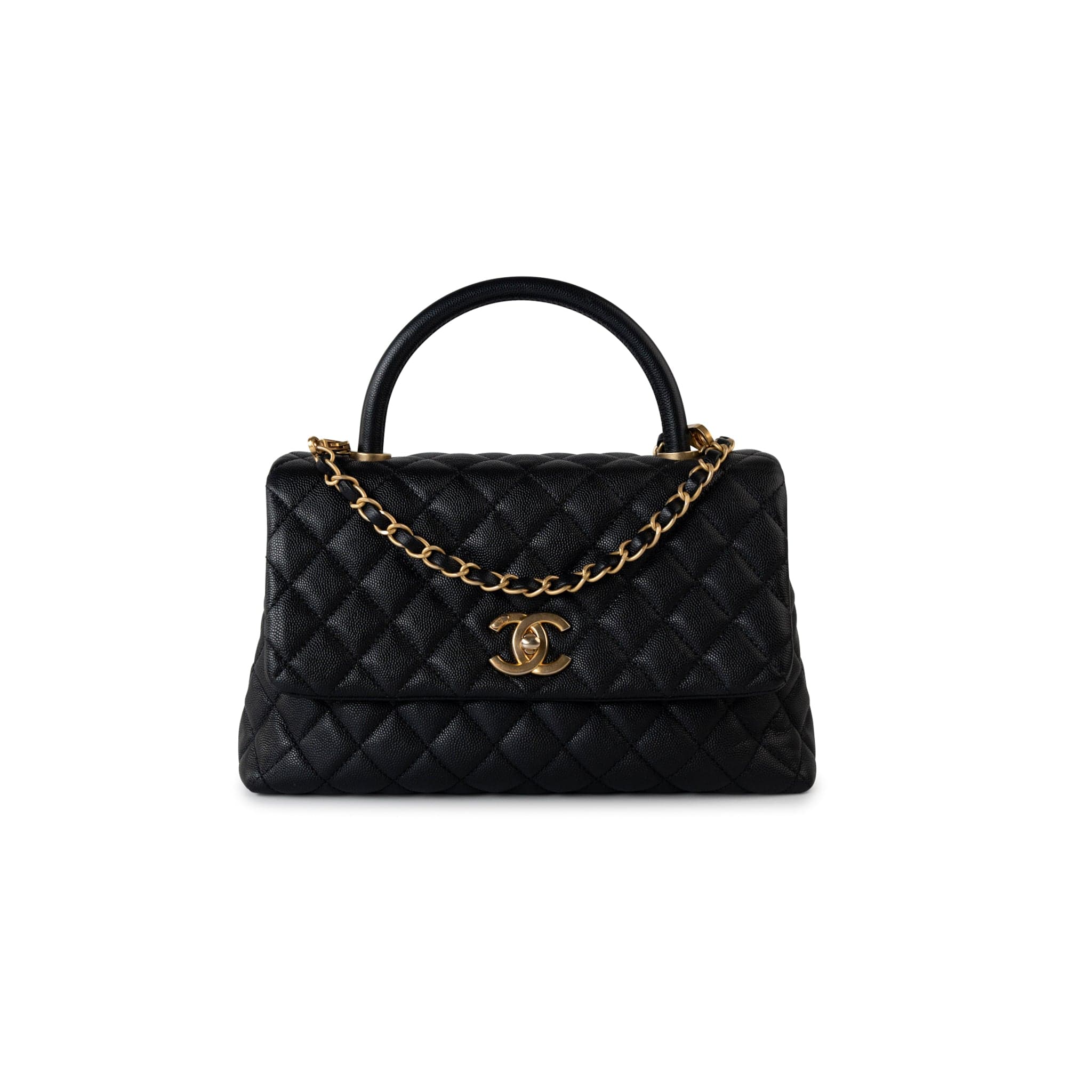 CHANEL Handbag Black Black Caviar Quilted Coco Handle Medium Antique Gold Hardware - Redeluxe