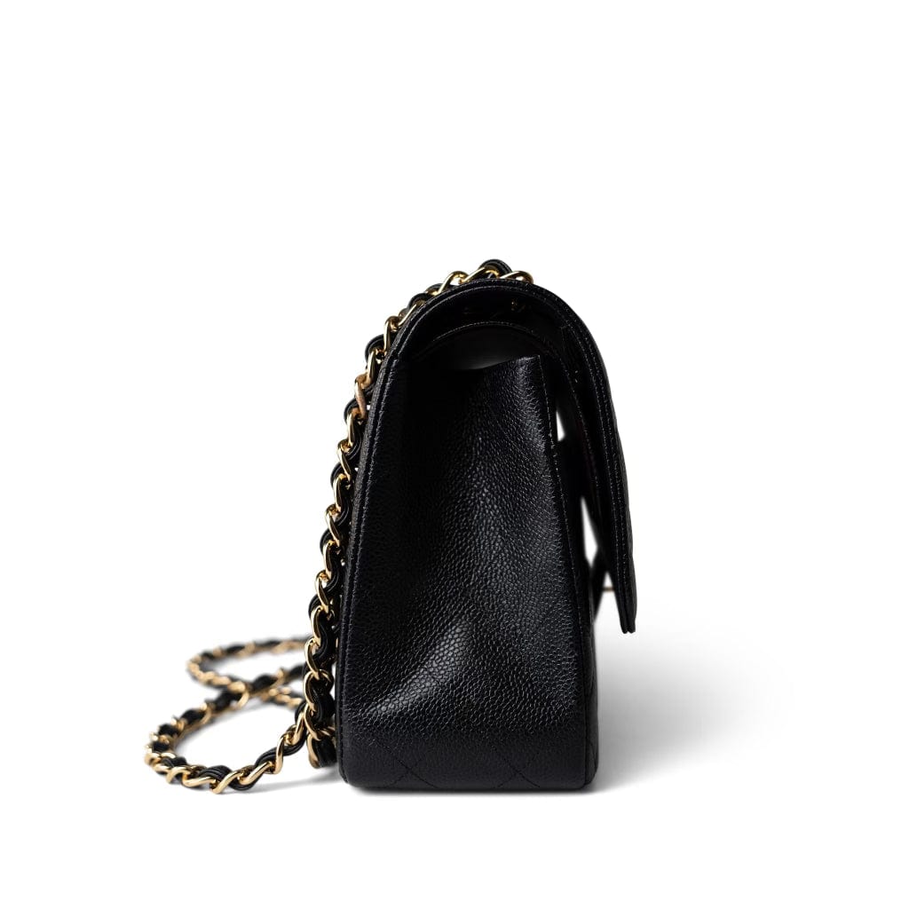 CHANEL Handbag Black Black Caviar Quilted Jumbo Classic Flap Gold Hardware - Redeluxe